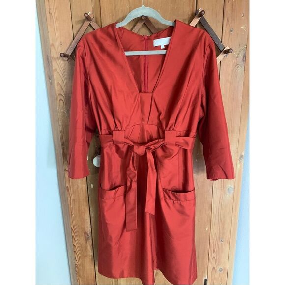 Badgley Mischka belted high waist rust color silk shift dress - Picture 1 of 13